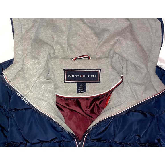 Women's Tommy Hilfiger Deep Blue Puffer Hooded Jacket 3 Pockets Maroon Lining S - Picture 7 of 15